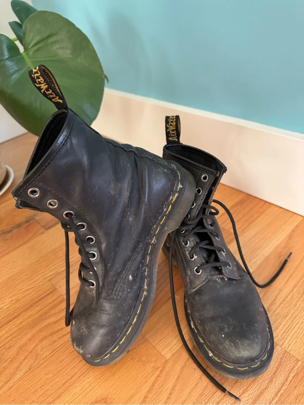 Dr. Martens Black Leather Lace-Up Boots with Yellow Stitching